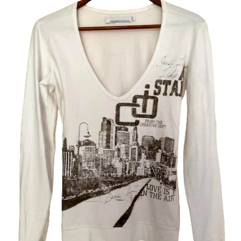 COMPAGNIA ITALIANA, WHITE LONG SLEEVE V-NECK TOP S